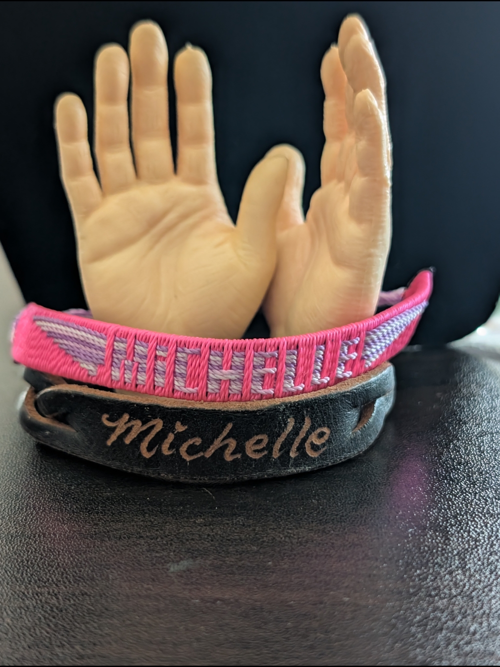 Personalized Michelle Bracelet Set - Pink Embroidered & Black Leather